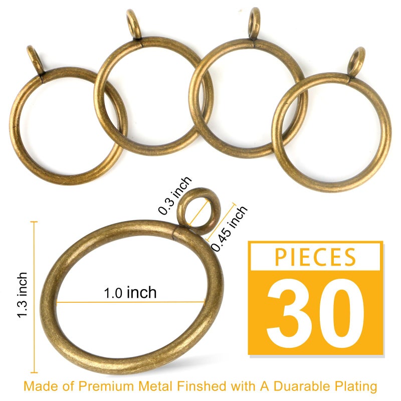 Hanitronic Antique Brass Curtain Rings with Eyelets for Up to 3/4-inch Curtain Rods (Set of 30 PCS Curtain Rings) (1 inch Inner Diameter) - Image 2